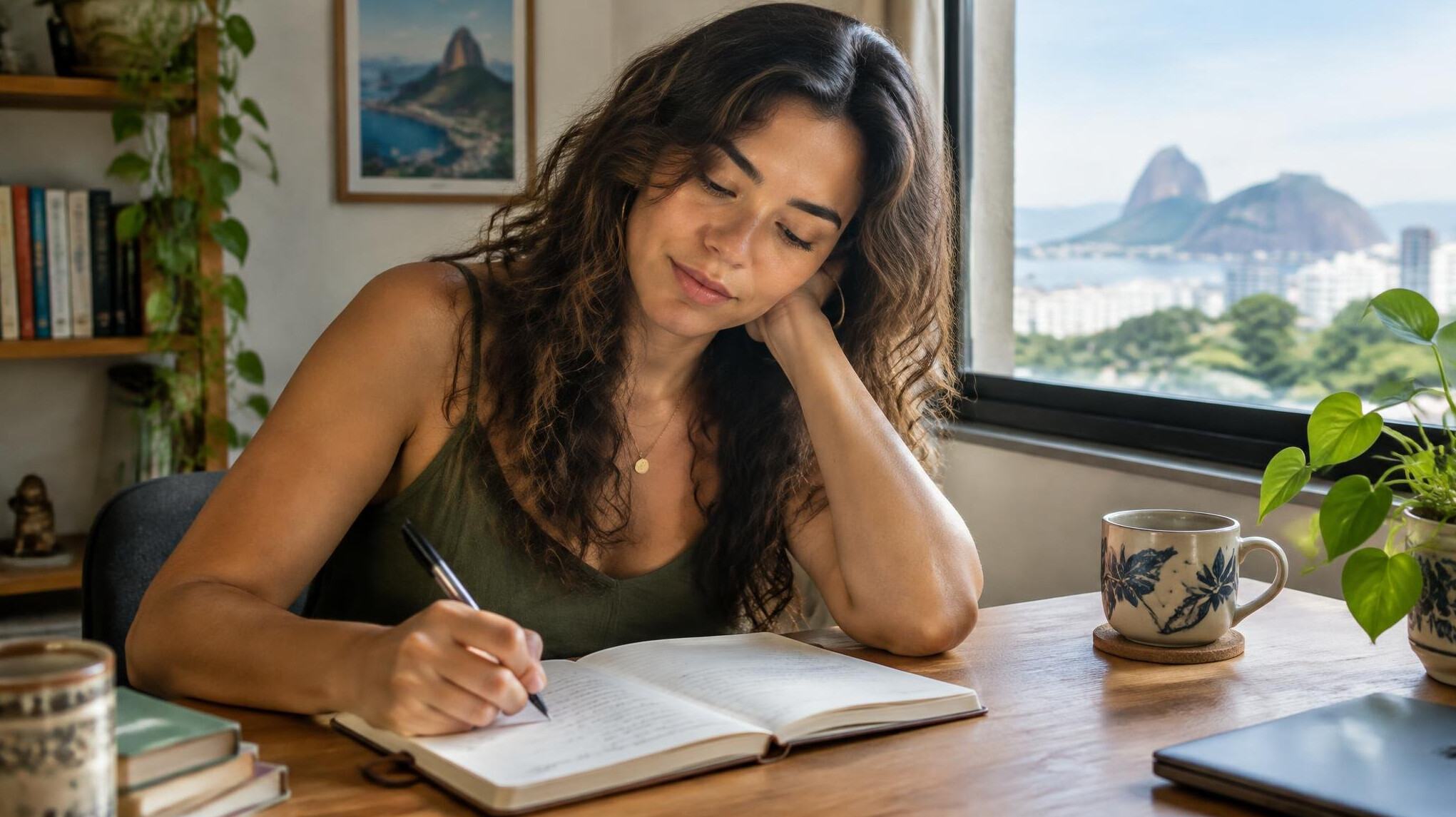 Young woman writing in a journal near a window