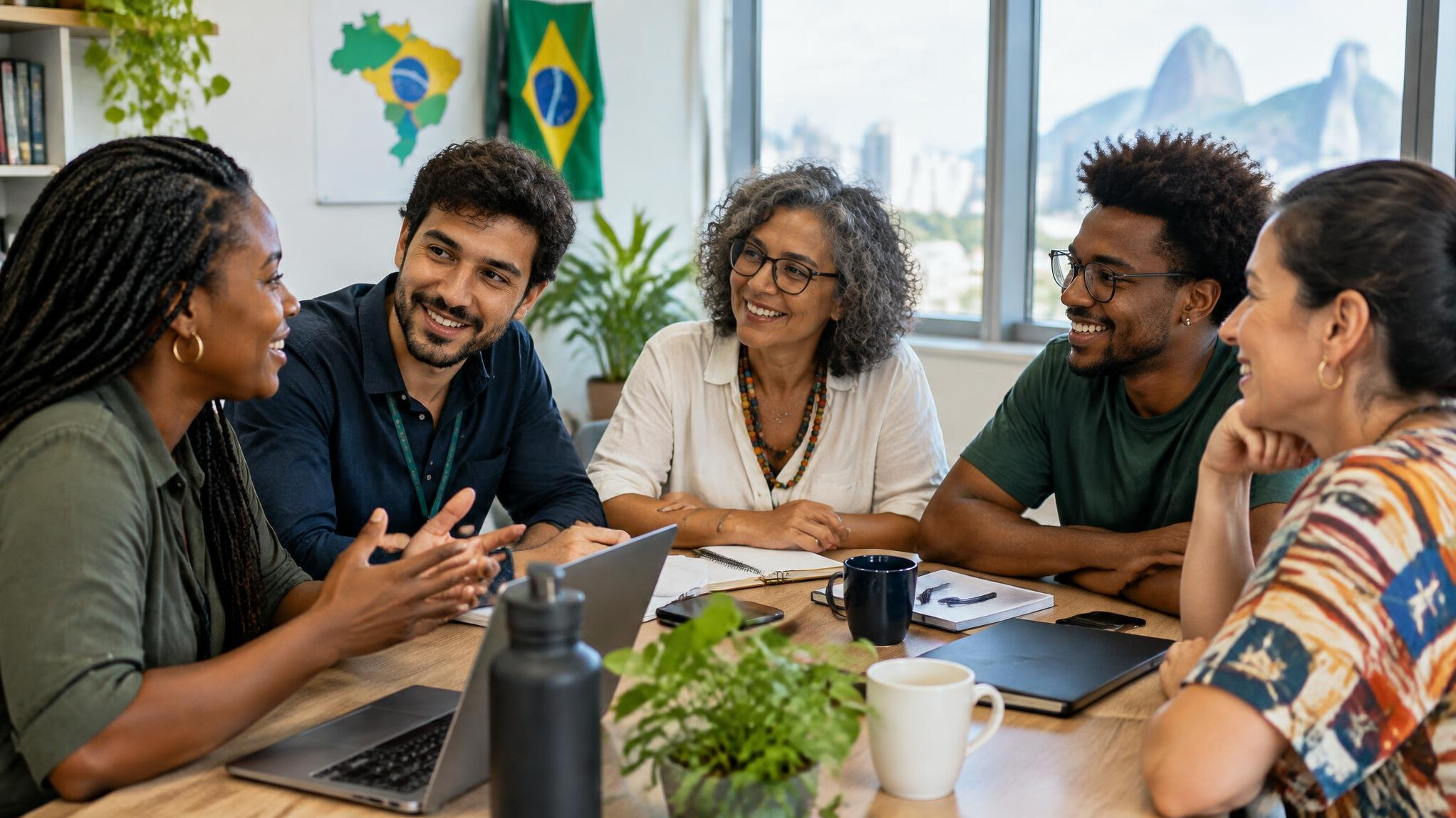 Group of colleagues chatting warmly in a bright meeting room