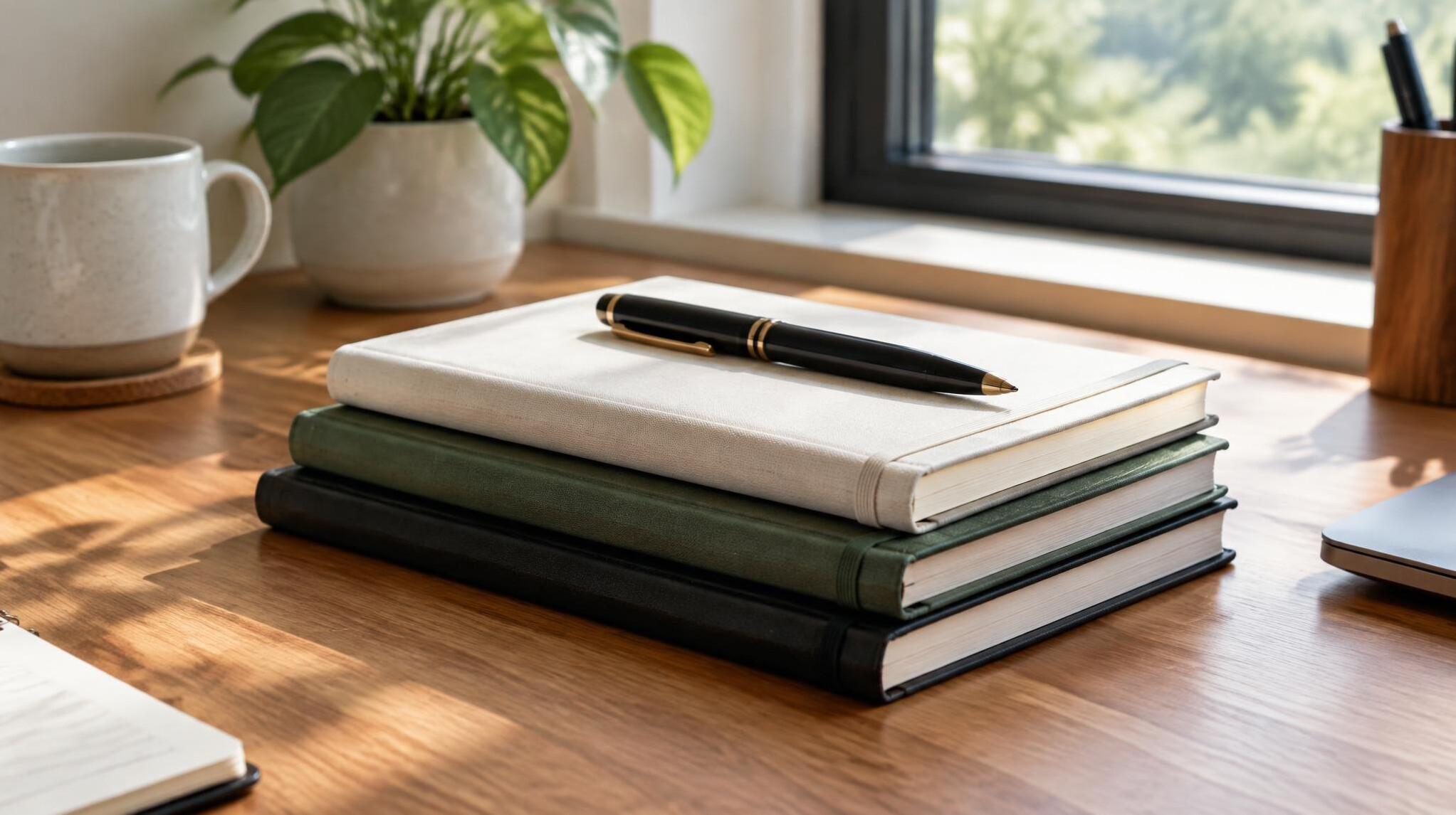 Stack of notebooks and a pen on a desk with soft light